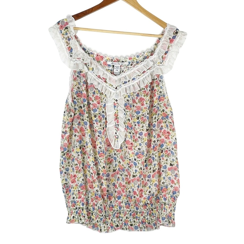 American Rag Women's Floral Boho Baby Doll Top Semi Sheer Size 2X Cottage Whimsy